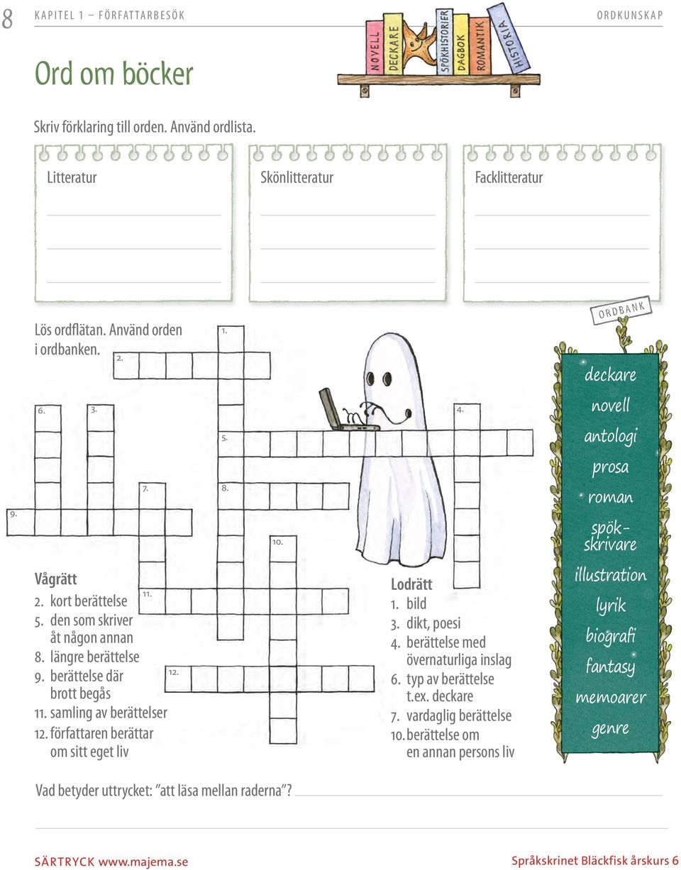 samlig av berättelser 12. författare berättar om sitt eget liv 12. Lodrätt 1. bild 3. dikt, poesi 4. berättelse med överaturliga islag 6. typ av berättelse t.ex. deckare 7.