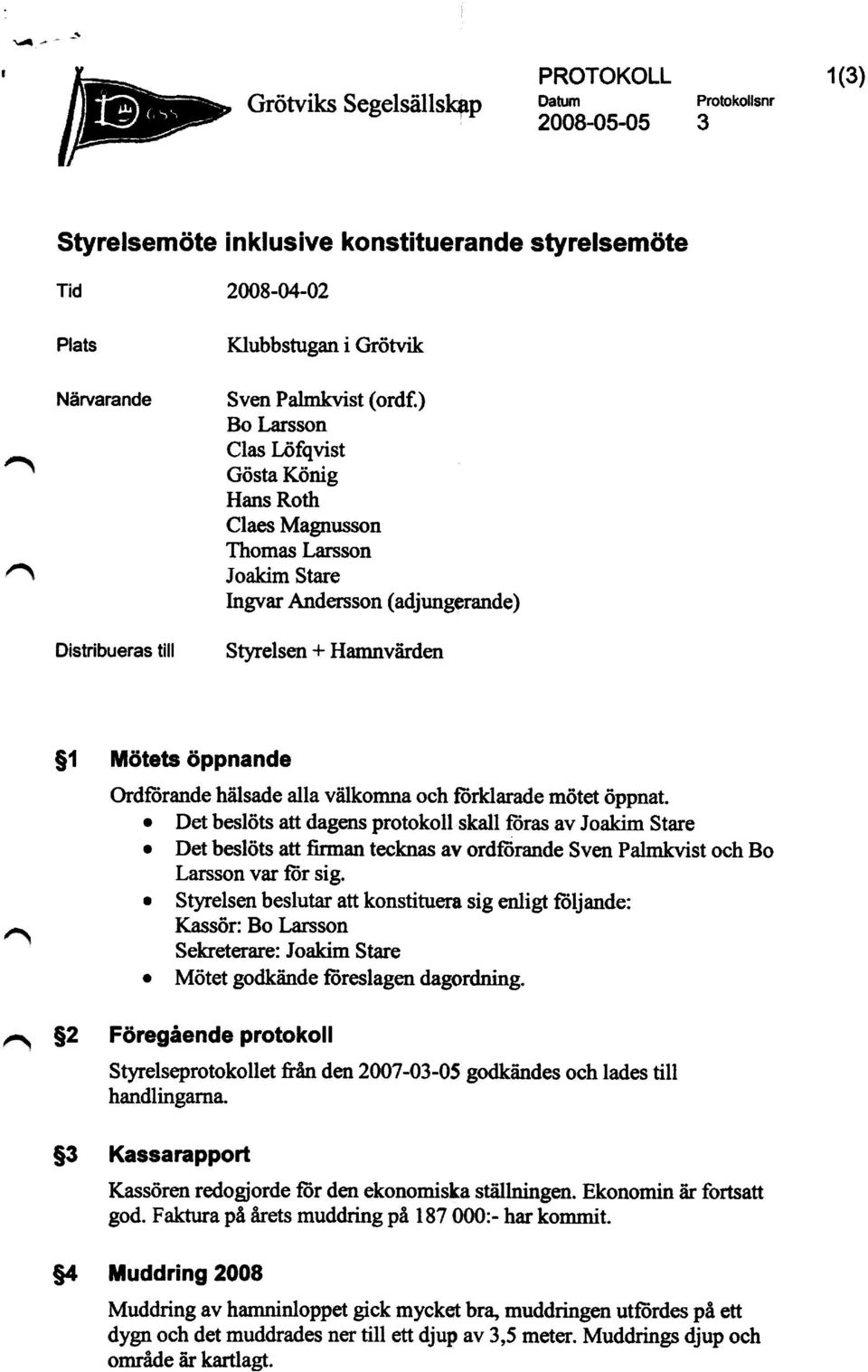 ) Bo Larsson Clas Löfqvist Gösta König Hans Roth Claes Magnusson Thomas Larsson Ingvar Andersson (adjungerande) Styrelsen+ Hamnvärden $1 Nlötets öppnande Ordförande hälsade alla välkomna och