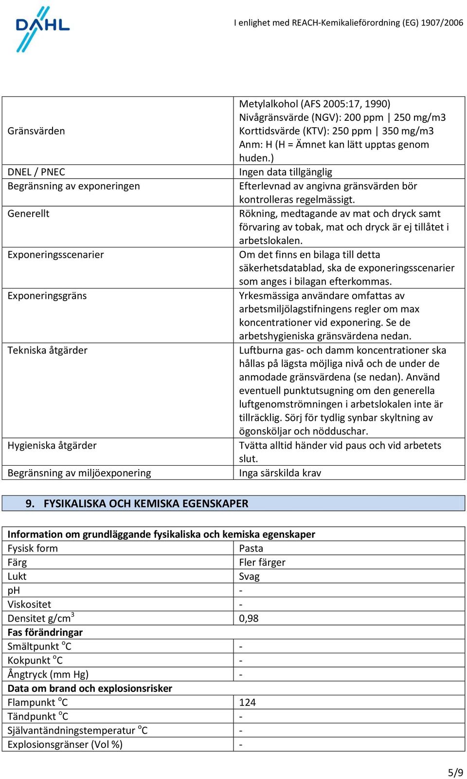 ) Ingen data tillgänglig Efterlevnad av angivna gränsvärden bör kontrolleras regelmässigt. Rökning, medtagande av mat och dryck samt förvaring av tobak, mat och dryck är ej tillåtet i arbetslokalen.