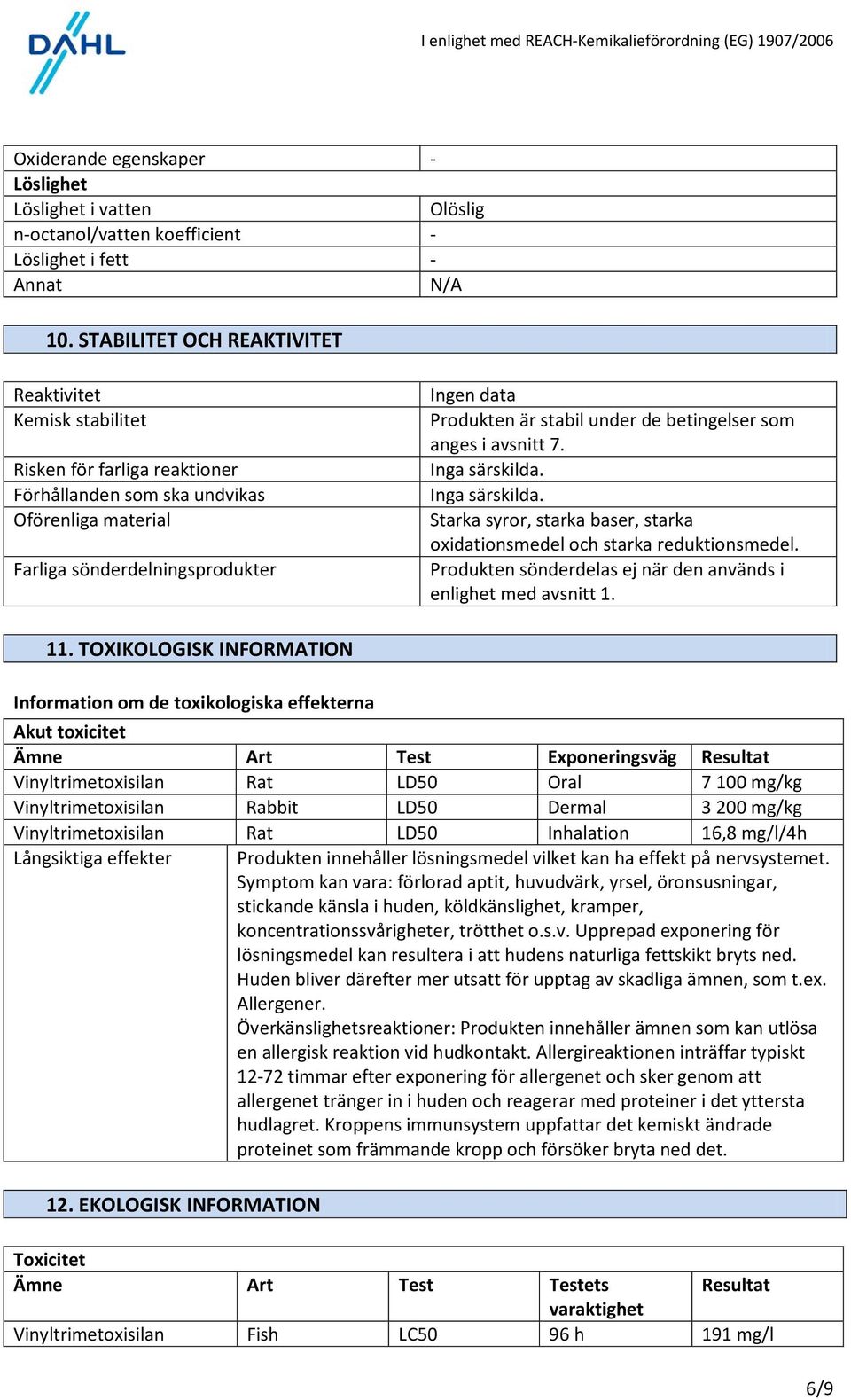 under de betingelser som anges i avsnitt 7. Inga särskilda. Inga särskilda. Starka syror, starka baser, starka oxidationsmedel och starka reduktionsmedel.