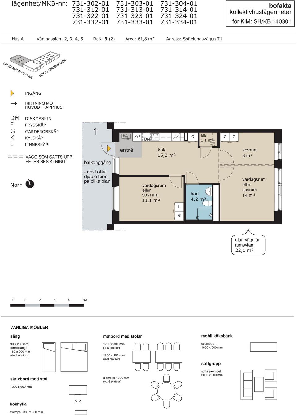 Hus A Våningsplan: 2, 3, 4, 5 Ro: 3 (2) Area: 61,8 m² Adress: Sofielundsvägen 71 ANDTMANNAATAN SOIEUNDSVÄEN INÅN RITNIN MOT DISMASIN RYSSÅP