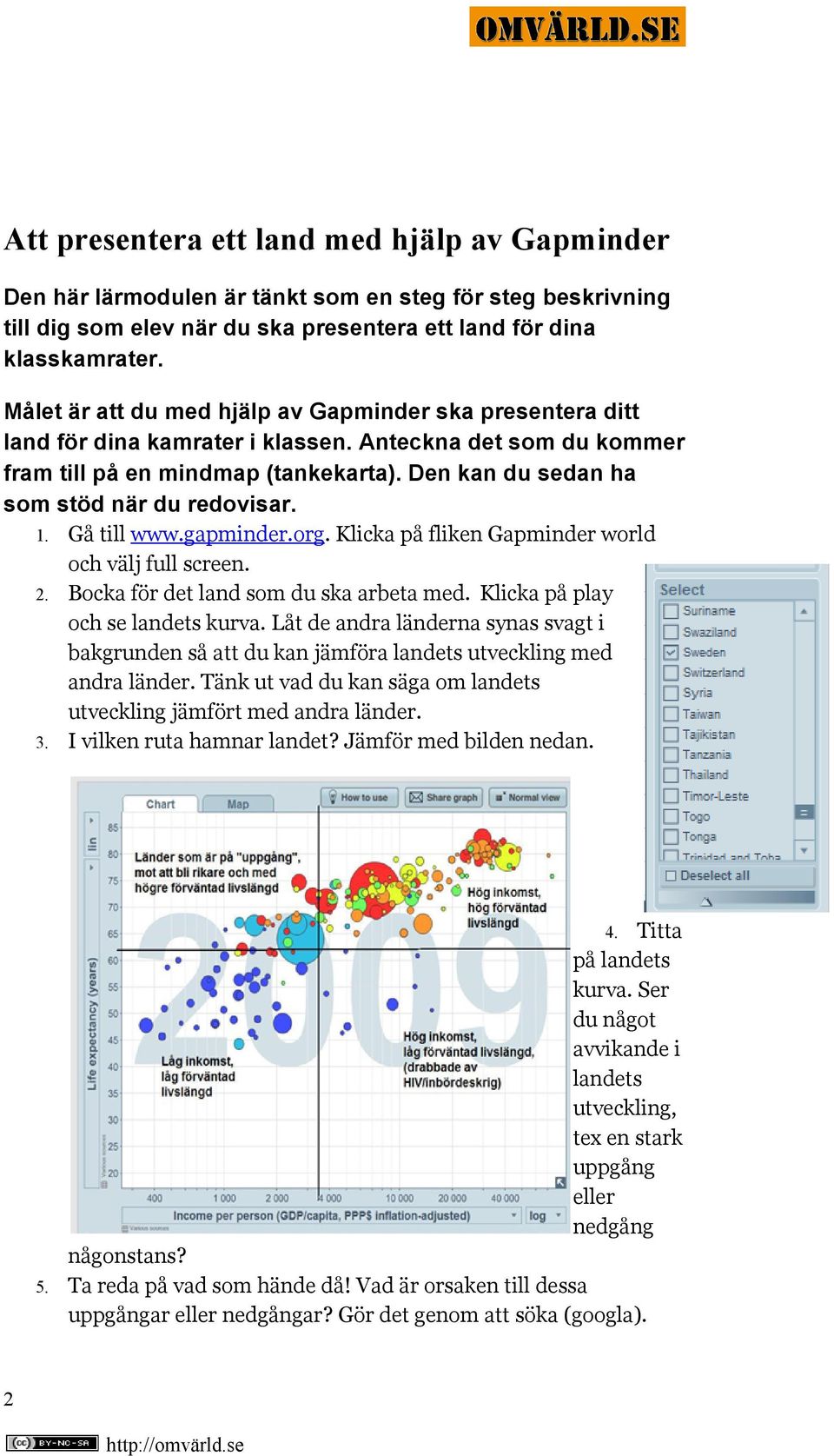 Den kan du sedan ha som stöd när du redovisar. 1. Gå till www.gapminder.org. Klicka på fliken Gapminder world och välj full screen.. Bocka för det land som du ska arbeta med.