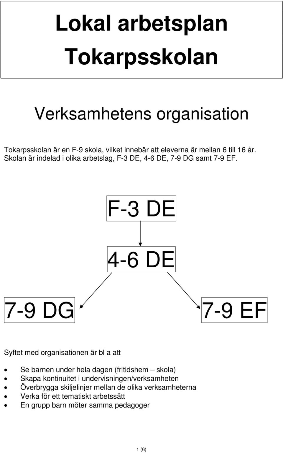 F-3 DE 4-6 DE 7-9 DG 7-9 EF Syftet med organisationen är bl a att Se barnen under hela dagen (fritidshem skola) Skapa