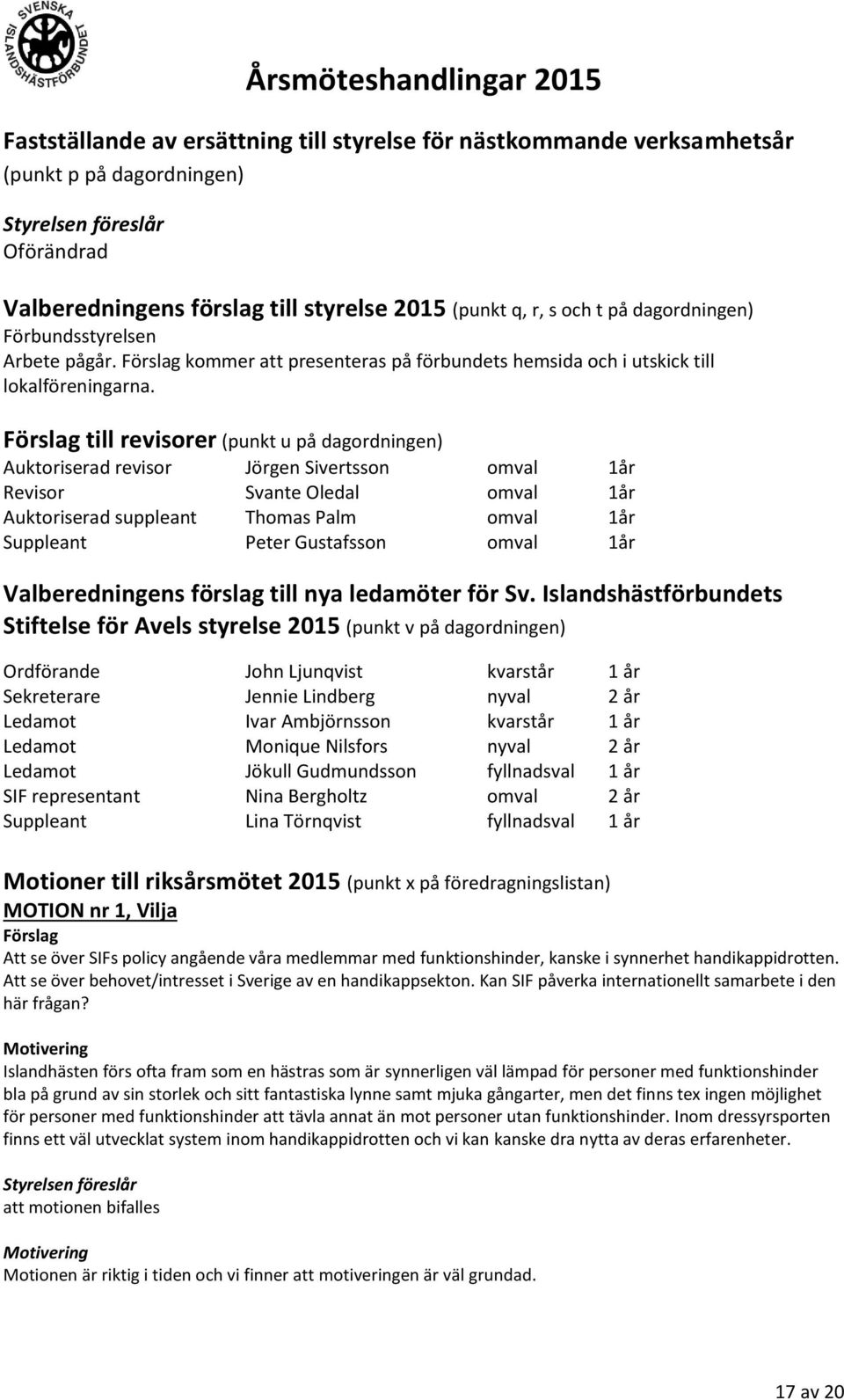 Förslag till revisorer (punkt u på dagordningen) Auktoriserad revisor Jörgen Sivertsson omval 1år Revisor Svante Oledal omval 1år Auktoriserad suppleant Thomas Palm omval 1år Suppleant Peter