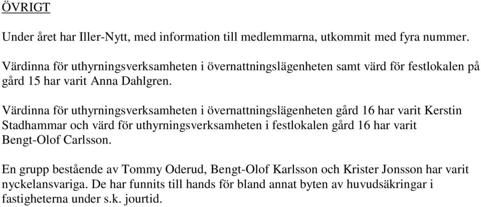 Värdinna för uthyrningsverksamheten i övernattningslägenheten gård 16 har varit Kerstin Stadhammar och värd för uthyrningsverksamheten i festlokalen