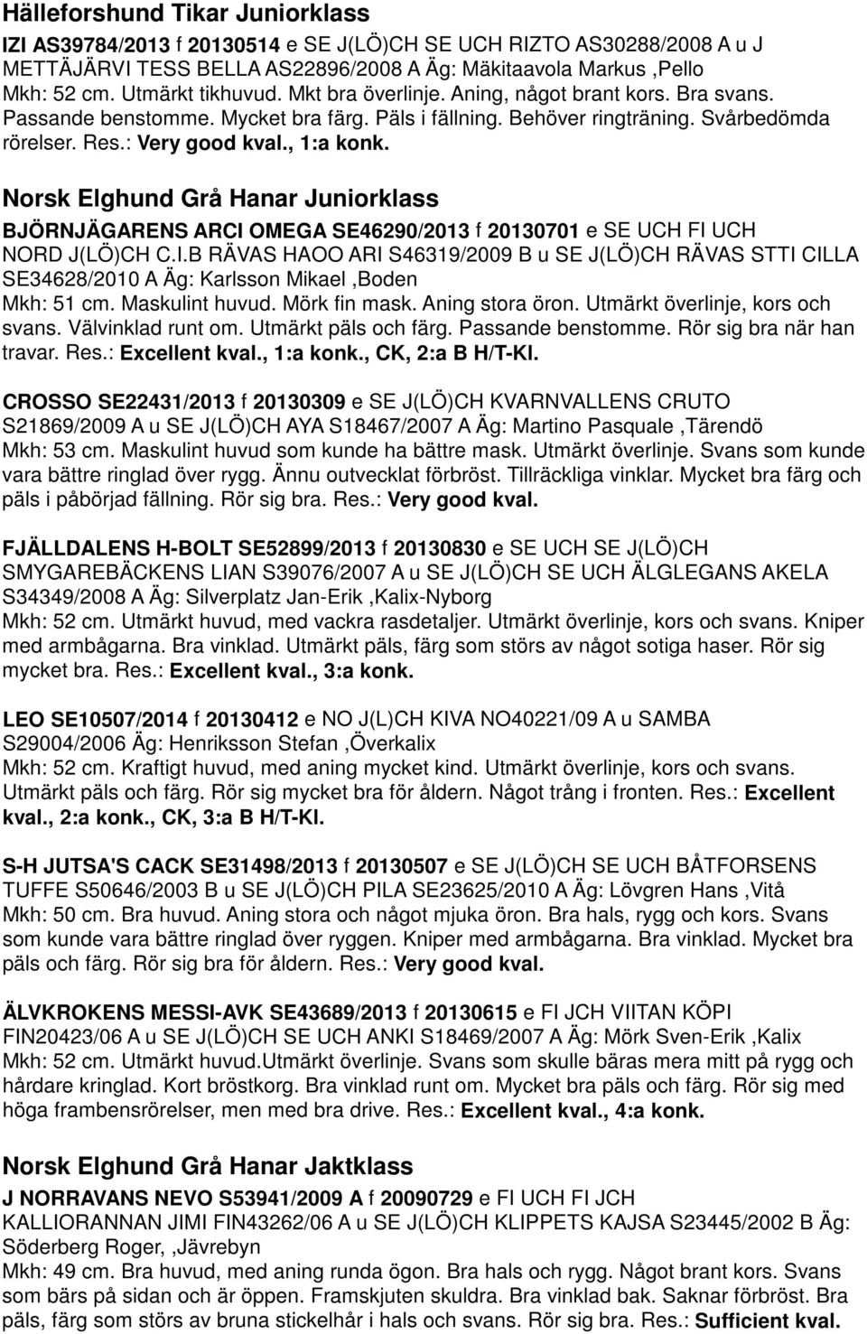 Norsk Elghund Grå Hanar Juniorklass BJÖRNJÄGARENS ARCI OMEGA SE46290/2013 f 20130701 e SE UCH FI UCH NORD J(LÖ)CH C.I.B RÄVAS HAOO ARI S46319/2009 B u SE J(LÖ)CH RÄVAS STTI CILLA SE34628/2010 A Äg: Karlsson Mikael,Boden Mkh: 51 cm.