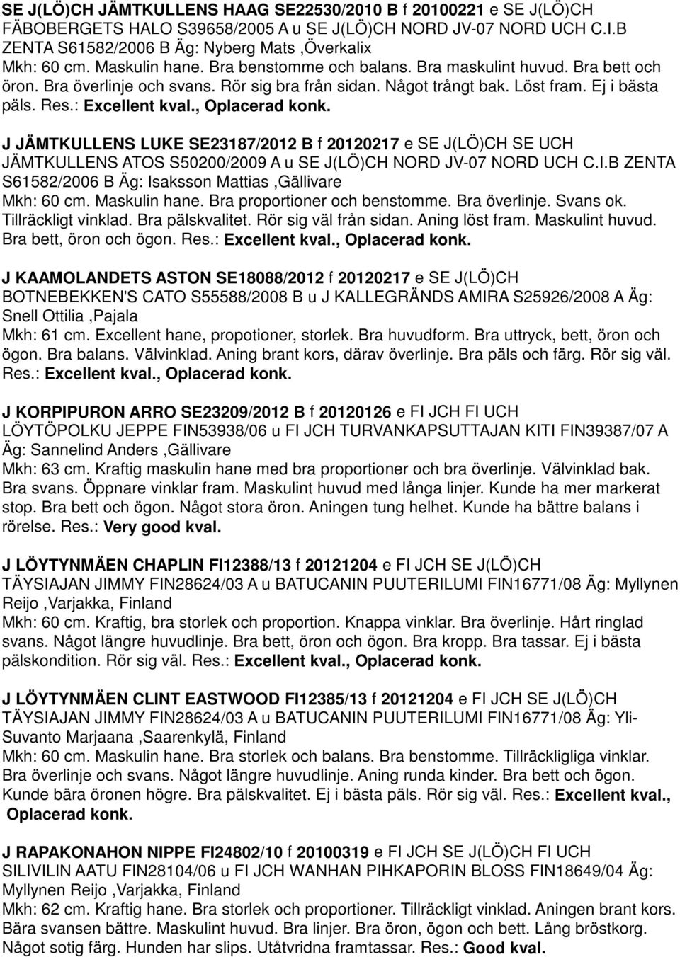 , Oplacerad konk. J JÄMTKULLENS LUKE SE23187/2012 B f 20120217 e SE J(LÖ)CH SE UCH JÄMTKULLENS ATOS S50200/2009 A u SE J(LÖ)CH NORD JV-07 NORD UCH C.I.