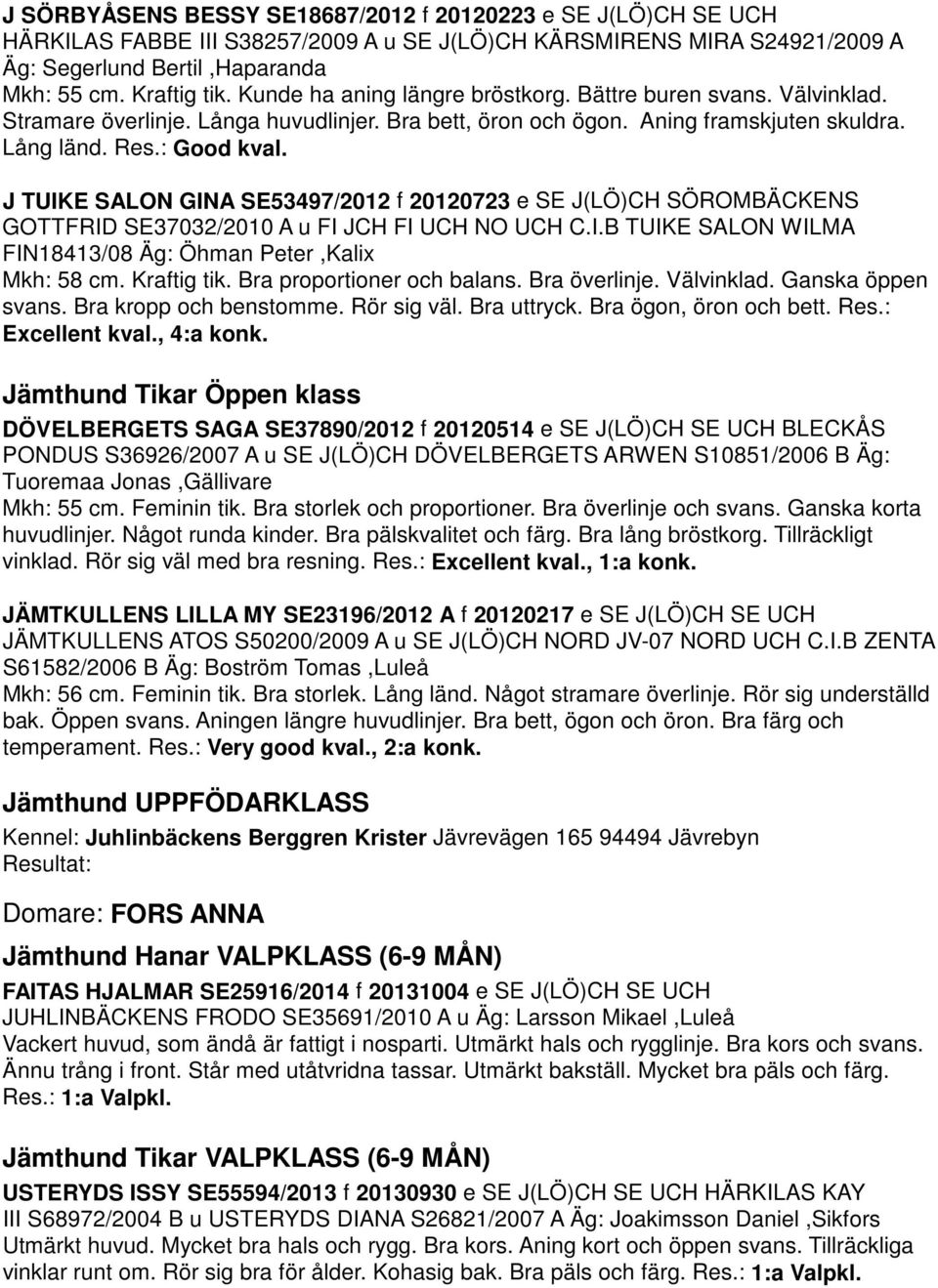 J TUIKE SALON GINA SE53497/2012 f 20120723 e SE J(LÖ)CH SÖROMBÄCKENS GOTTFRID SE37032/2010 A u FI JCH FI UCH NO UCH C.I.B TUIKE SALON WILMA FIN18413/08 Äg: Öhman Peter,Kalix Mkh: 58 cm. Kraftig tik.