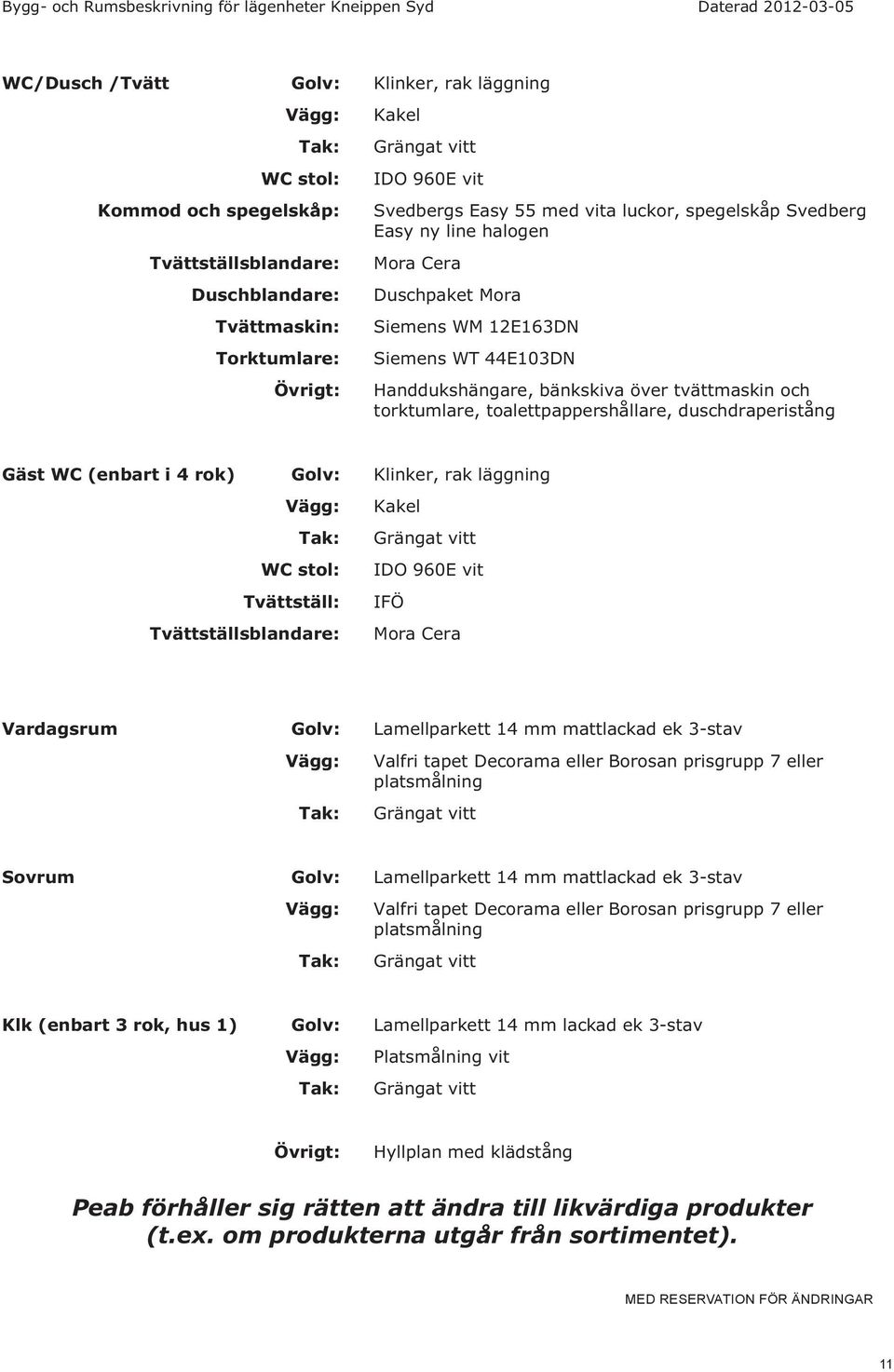 Handdukshängare, bänkskiva över tvättmaskin och torktumlare, toalettpappershållare, duschdraperistång Gäst WC (enbart i 4 rok) Golv: Klinker, rak läggning Vägg: WC stol: Tvättställ: