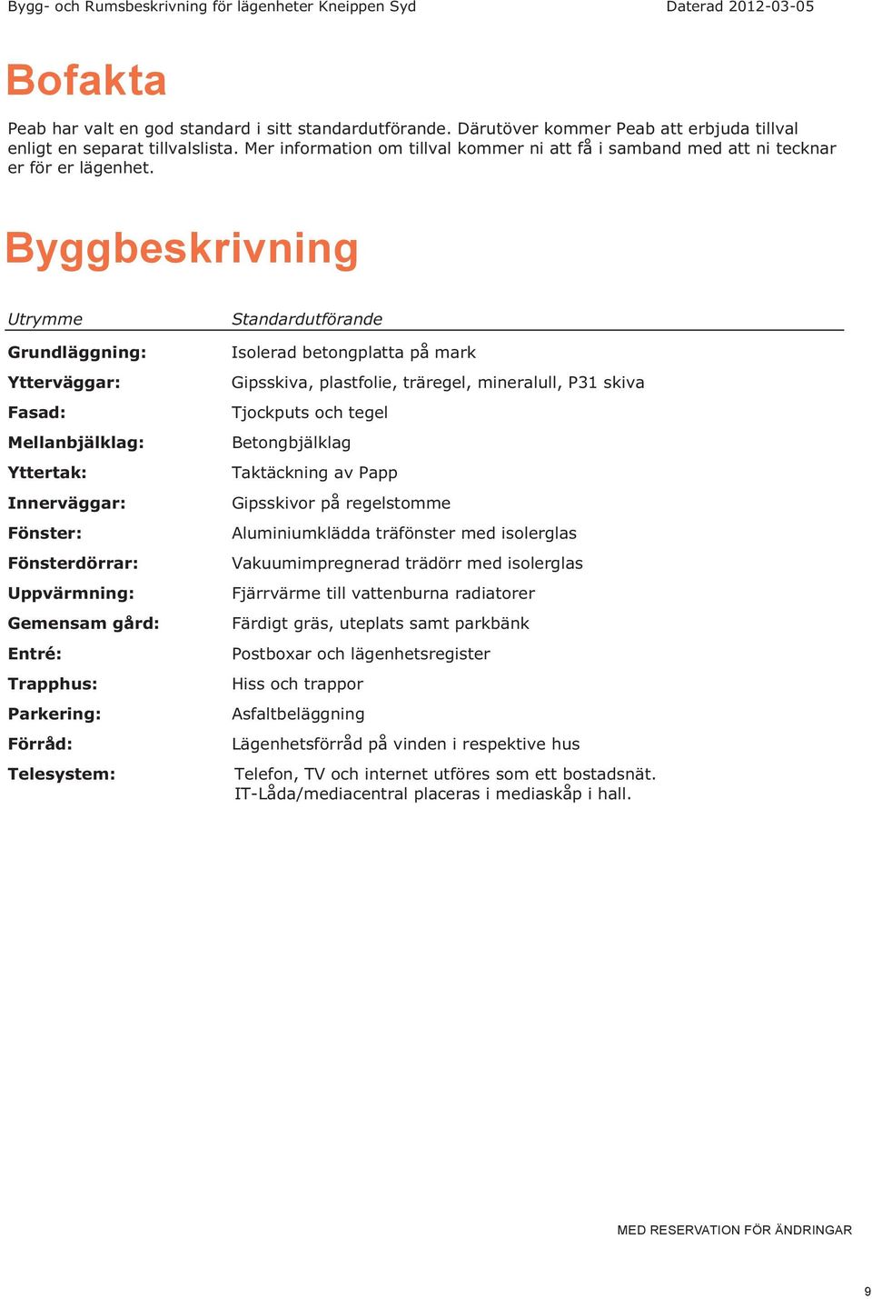 Byggbeskrivning Utrymme Grundläggning: Ytterväggar: Fasad: Mellanbjälklag: Yttertak: Innerväggar: Fönster: Fönsterdörrar: Uppvärmning: Gemensam gård: Entré: Trapphus: Parkering: Förråd: Telesystem: