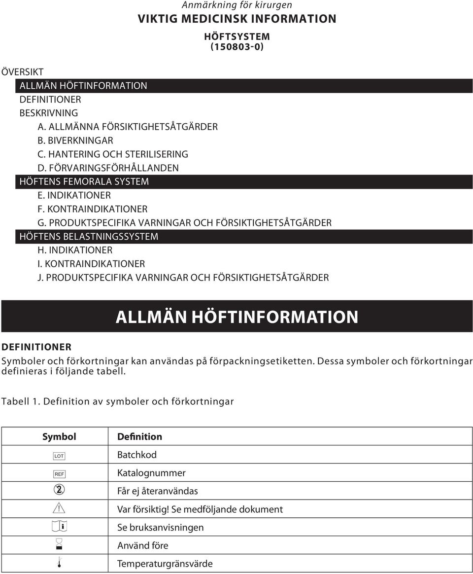 INDIKATIONER I. KONTRAINDIKATIONER J. PRODUKTSPECIFIKA VARNINGAR OCH FÖRSIKTIGHETSÅTGÄRDER ALLMÄN HÖFTINFORMATION DEFINITIONER Symboler och förkortningar kan användas på förpackningsetiketten.