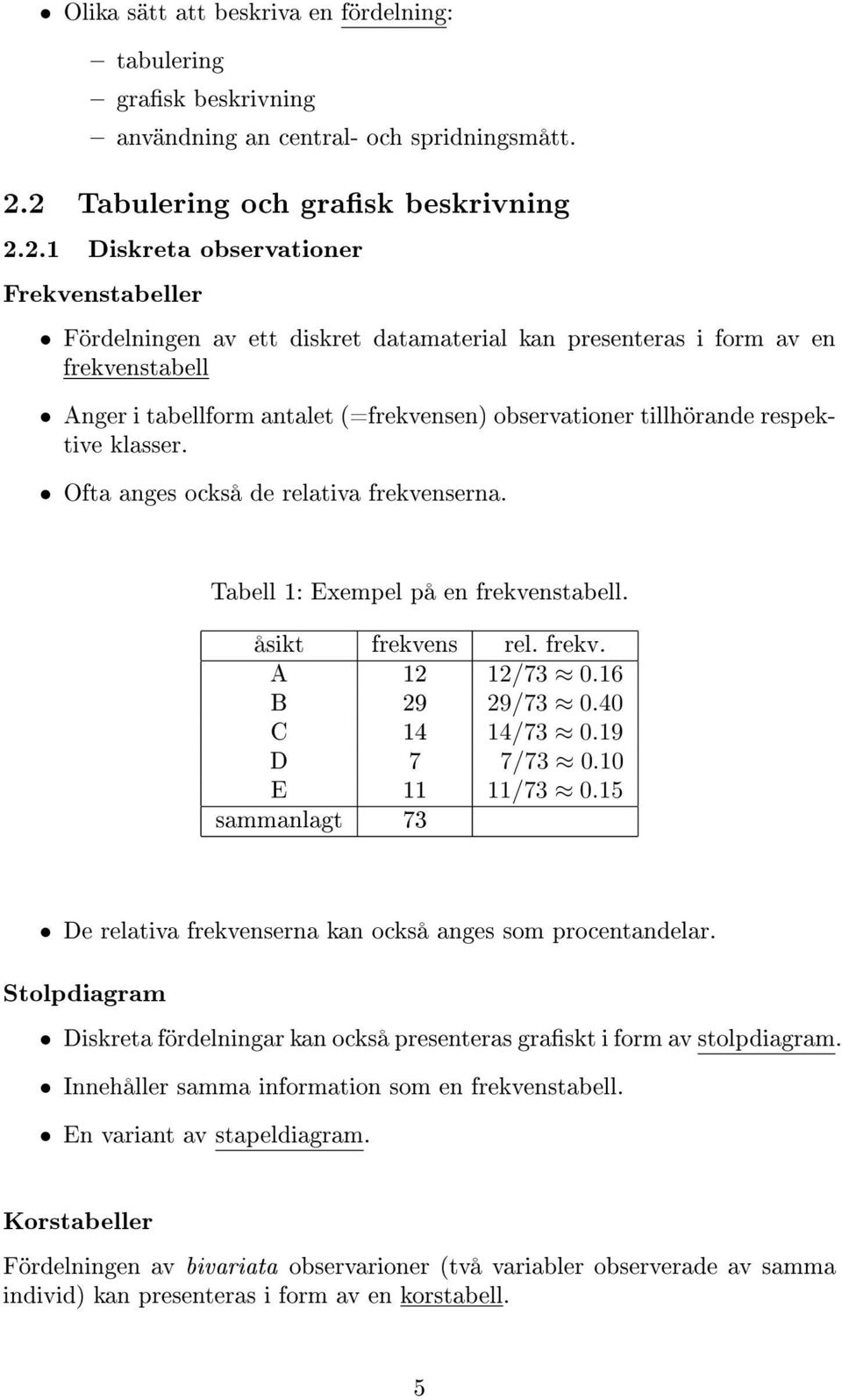 (=frekvensen) observationer tillhörande respektive klasser. Ofta anges också de relativa frekvenserna. Tabell 1: Exempel på en frekvenstabell. åsikt frekvens rel. frekv. A 12 12/73 0.16 B 29 29/73 0.