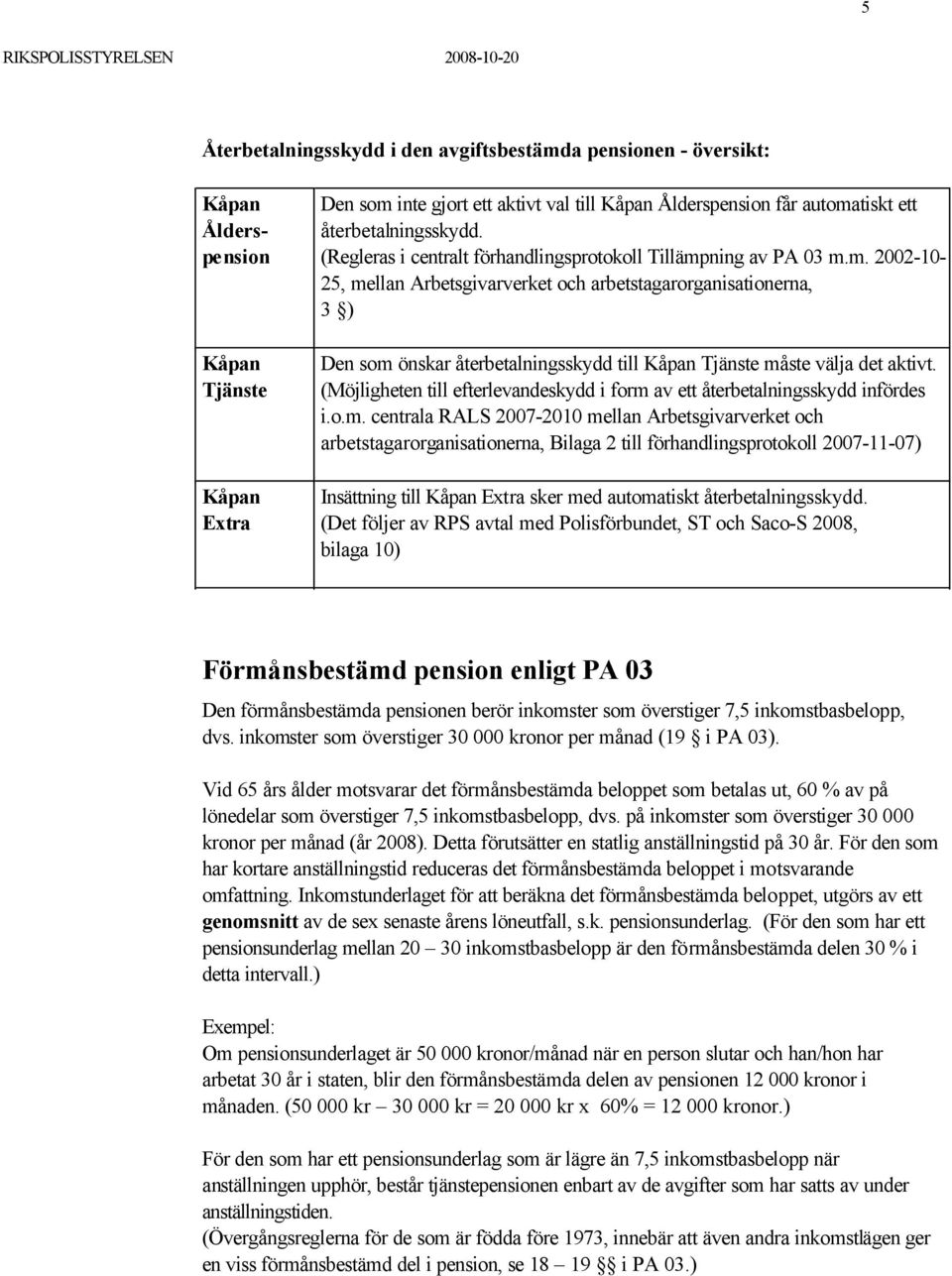 ning av PA 03 m.m. 2002-10- 25, mellan Arbetsgivarverket och arbetstagarorganisationerna, 3 ) Den som önskar återbetalningsskydd till Kåpan Tjänste måste välja det aktivt.