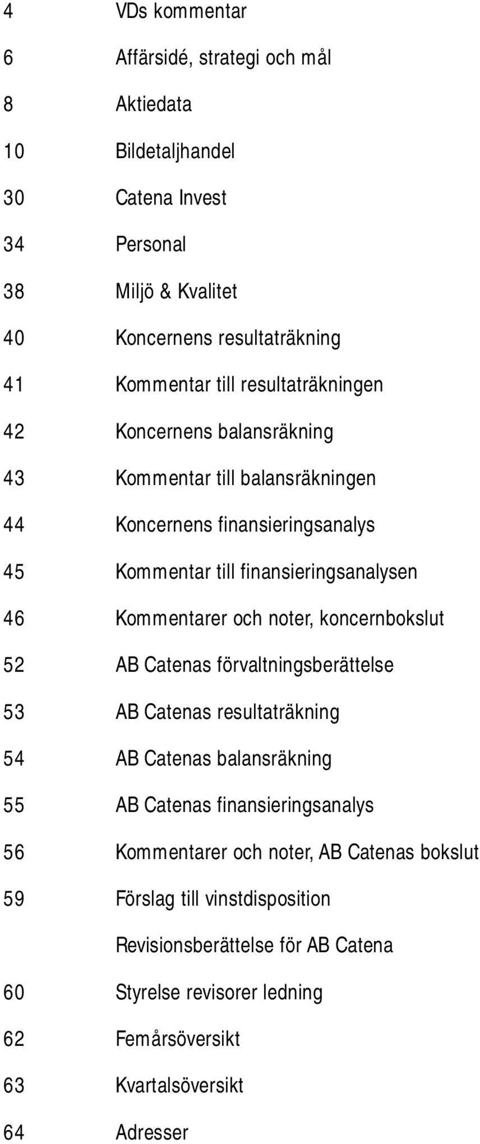 Kommentarer och noter, koncernbokslut 52 AB Catenas förvaltningsberättelse 53 AB Catenas resultaträkning 54 AB Catenas balansräkning 55 AB Catenas finansieringsanalys 56