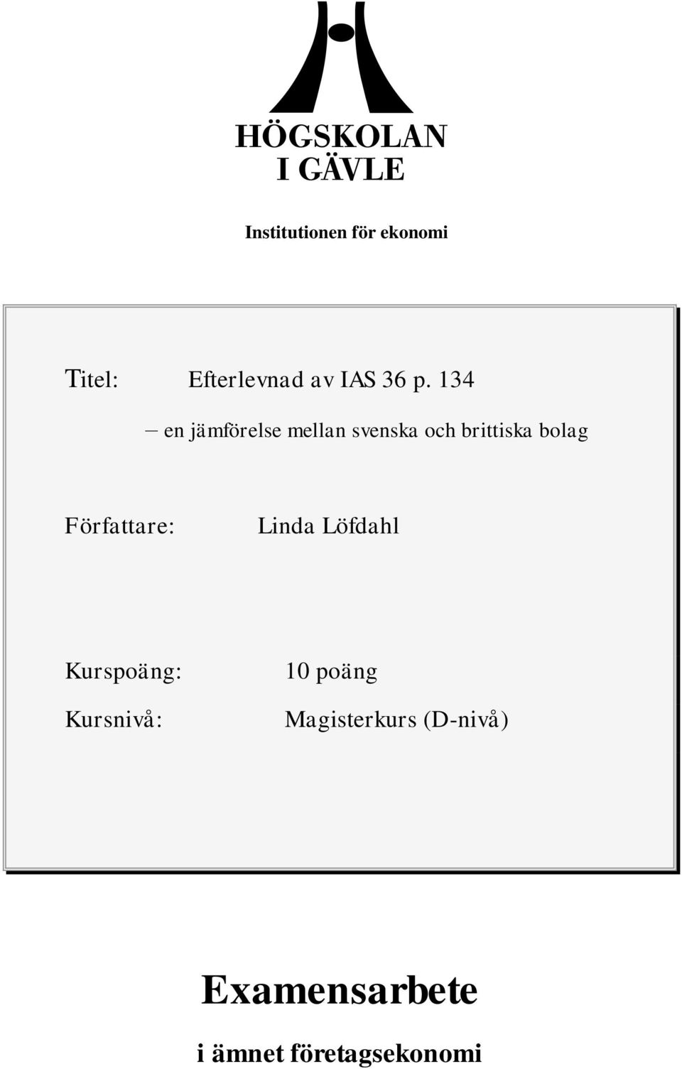 Författare: Linda Löfdahl Kurspoäng: Kursnivå: 10 poäng