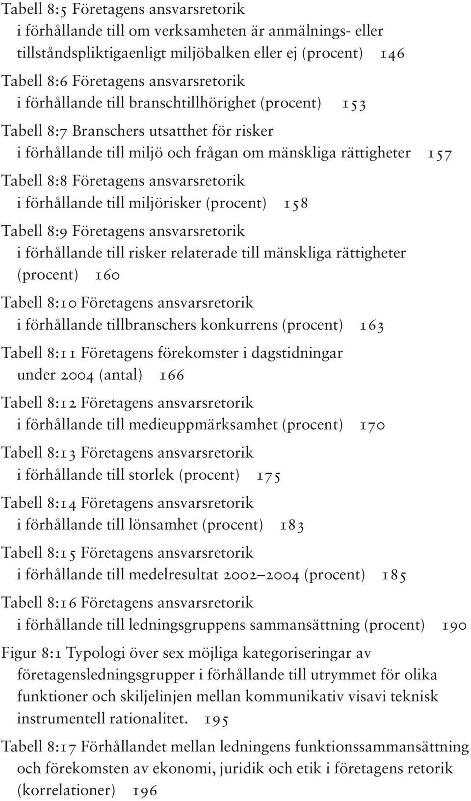 förhållande till miljörisker (procent) 158 Tabell 8:9 Företagens ansvarsretorik i förhållande till risker relaterade till mänskliga rättigheter (procent) 160 Tabell 8:10 Företagens ansvarsretorik i