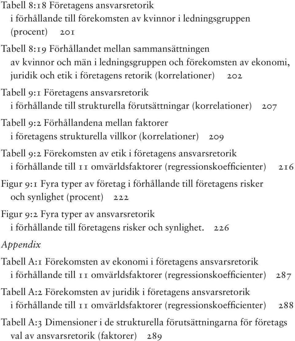 9:2 Förhållandena mellan faktorer i företagens strukturella villkor (korrelationer) 209 Tabell 9:2 Förekomsten av etik i företagens ansvarsretorik i förhållande till 11 omvärldsfaktorer