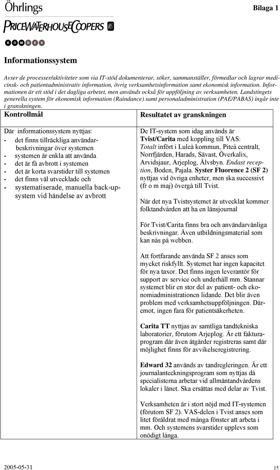 Landstingets generella system för ekonomisk information (Raindance) samt personaladministration (PAE/PABAS) ingår inte i granskningen.