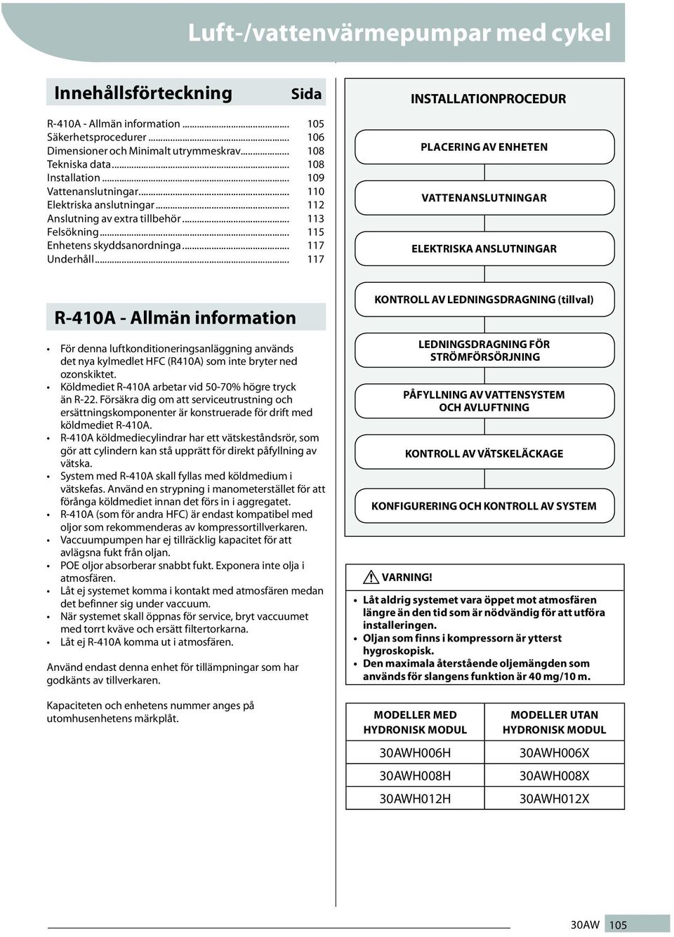 .. 117 PLCERING V ENHETEN VTTENNSLUTNINGR ELEKTRISK NSLUTNINGR R-10 - llmän information För denna luftkonditioneringsanläggning används det nya kylmedlet HFC (R10) som inte bryter ned ozonskiktet.