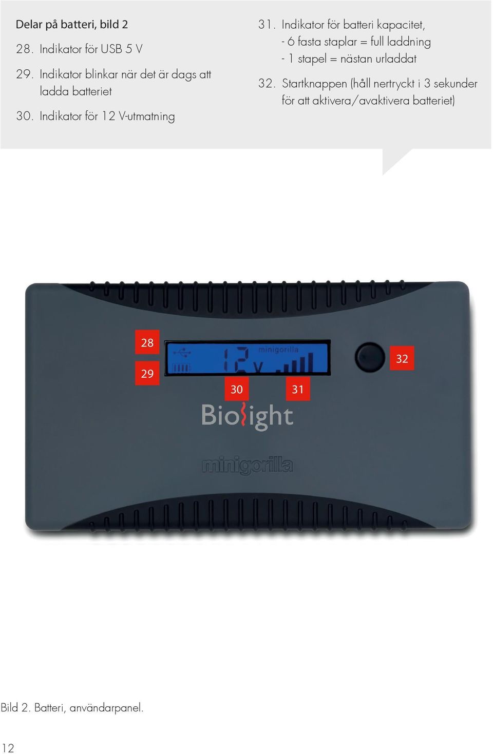 Indikator för batteri kapacitet, - 6 fasta staplar = full laddning - 1 stapel = nästan urladdat 32.