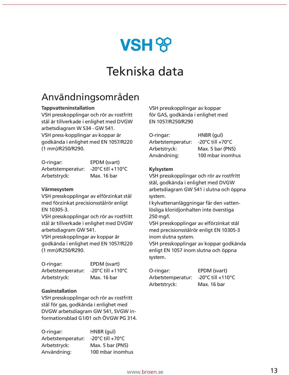 16 bar Värmesystem VSH presskopplingar av elförzinkat stål med förzinkat precisionsstålrör enligt EN 10305-3.