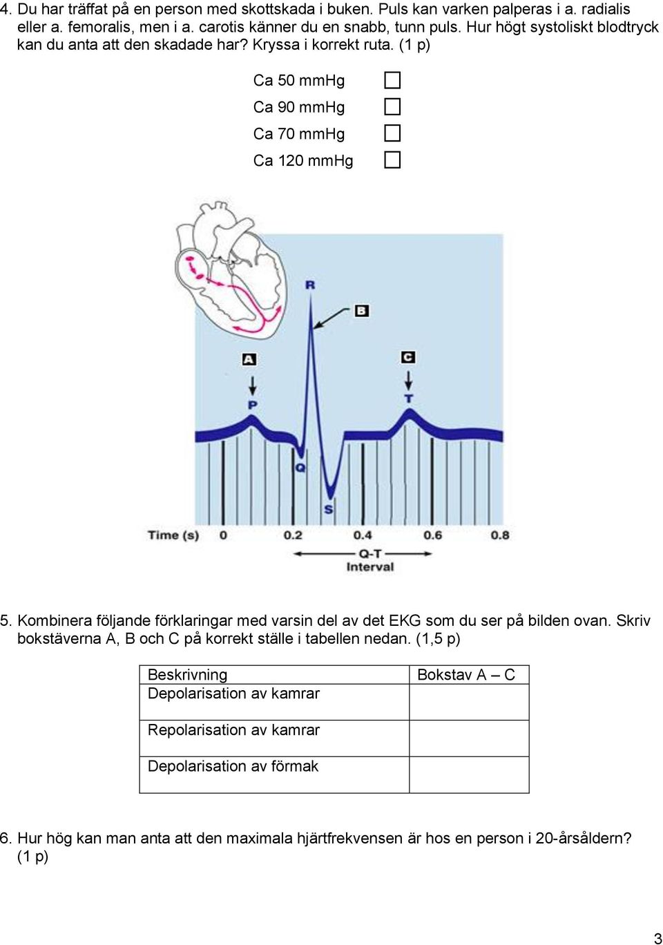 Kombinera följande förklaringar med varsin del av det EKG som du ser på bilden ovan. Skriv bokstäverna A, B och C på korrekt ställe i tabellen nedan.