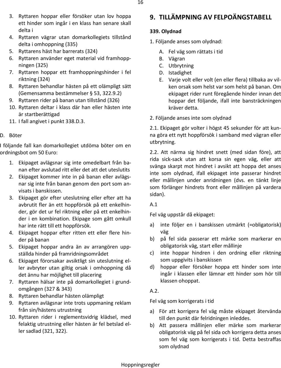 Ryttaren behandlar hästen på ett olämpligt sätt (Gemensamma bestämmelser 53, 322.9.2) 9. Ryttaren rider på banan utan tillstånd (326) 10.