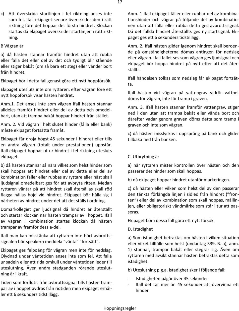 B Vägran är a) då hästen stannar framför hindret utan att rubba eller fälla det eller del av det och tydligt blir stående eller stiger bakåt (om så bara ett steg) eller vänder bort från hindret.