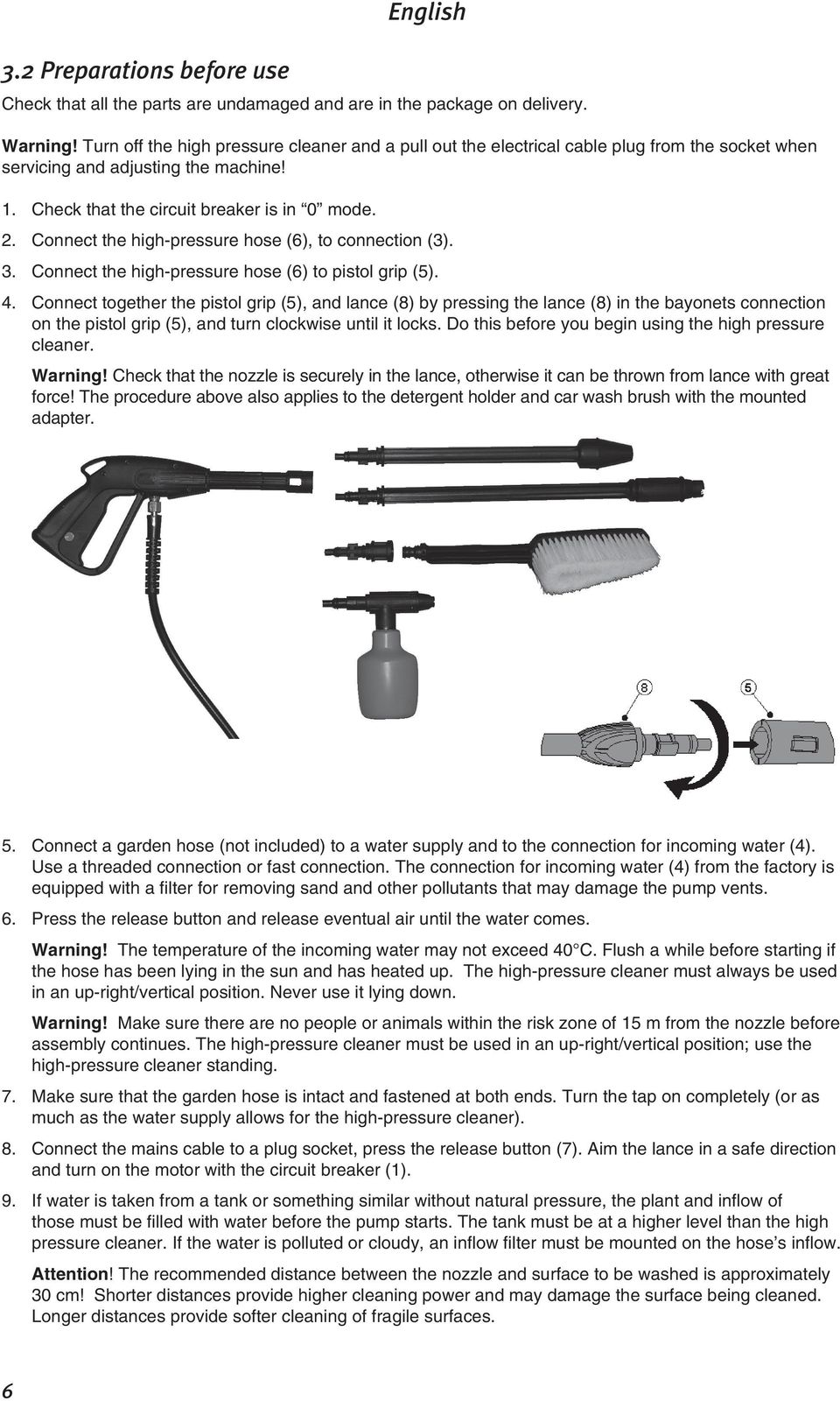 Connect the high-pressure hose (6), to connection (3). 3. Connect the high-pressure hose (6) to pistol grip (5). 4.