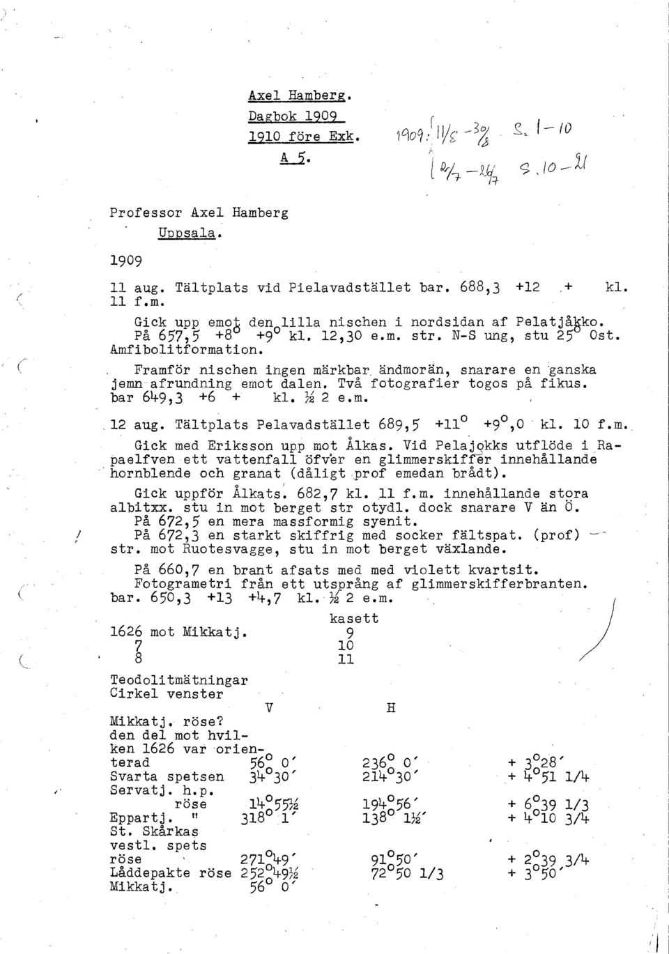 ändmorän, snarare en :ganska jemn afrundning emot dalen. Två fotografier togos på fikus. bar 6~9,3 +6 + kl. ~ 2 e.m. 12 aug. Tältplats Pelavadstället 689,5 +110 +90,0' kl. la f.m. Gick med Eriksson upp mot Ålkas.