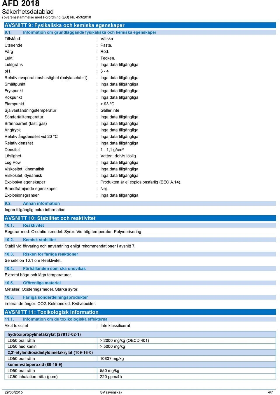 ångdensitet vid 20 C Relativ densitet Densitet Löslighet Log Pow Viskositet, kinematisk Viskositet, dynamisk Explosiva egenskaper Brandfrämjande egenskaper Explosionsgränser 9.2. Annan information AVSNITT 10: Stabilitet och reaktivitet 10.