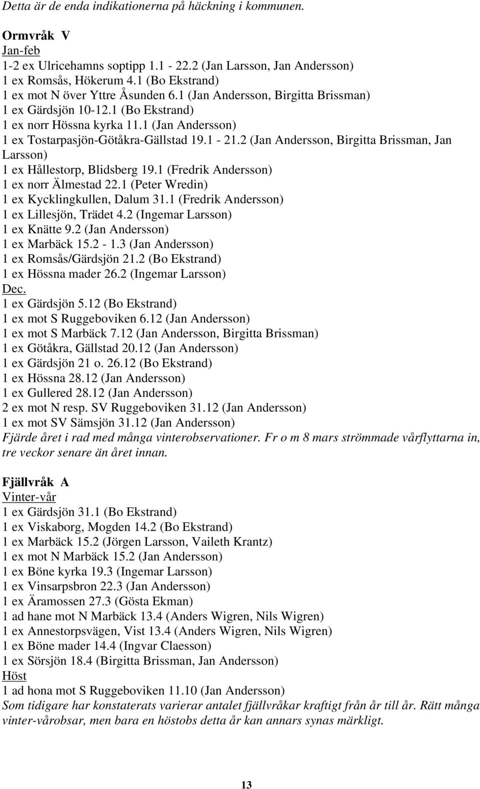 1 (Jan Andersson) 1 ex Tostarpasjön-Götåkra-Gällstad 19.1-21.2 (Jan Andersson, Birgitta Brissman, Jan Larsson) 1 ex Hållestorp, Blidsberg 19.1 (Fredrik Andersson) 1 ex norr Älmestad 22.