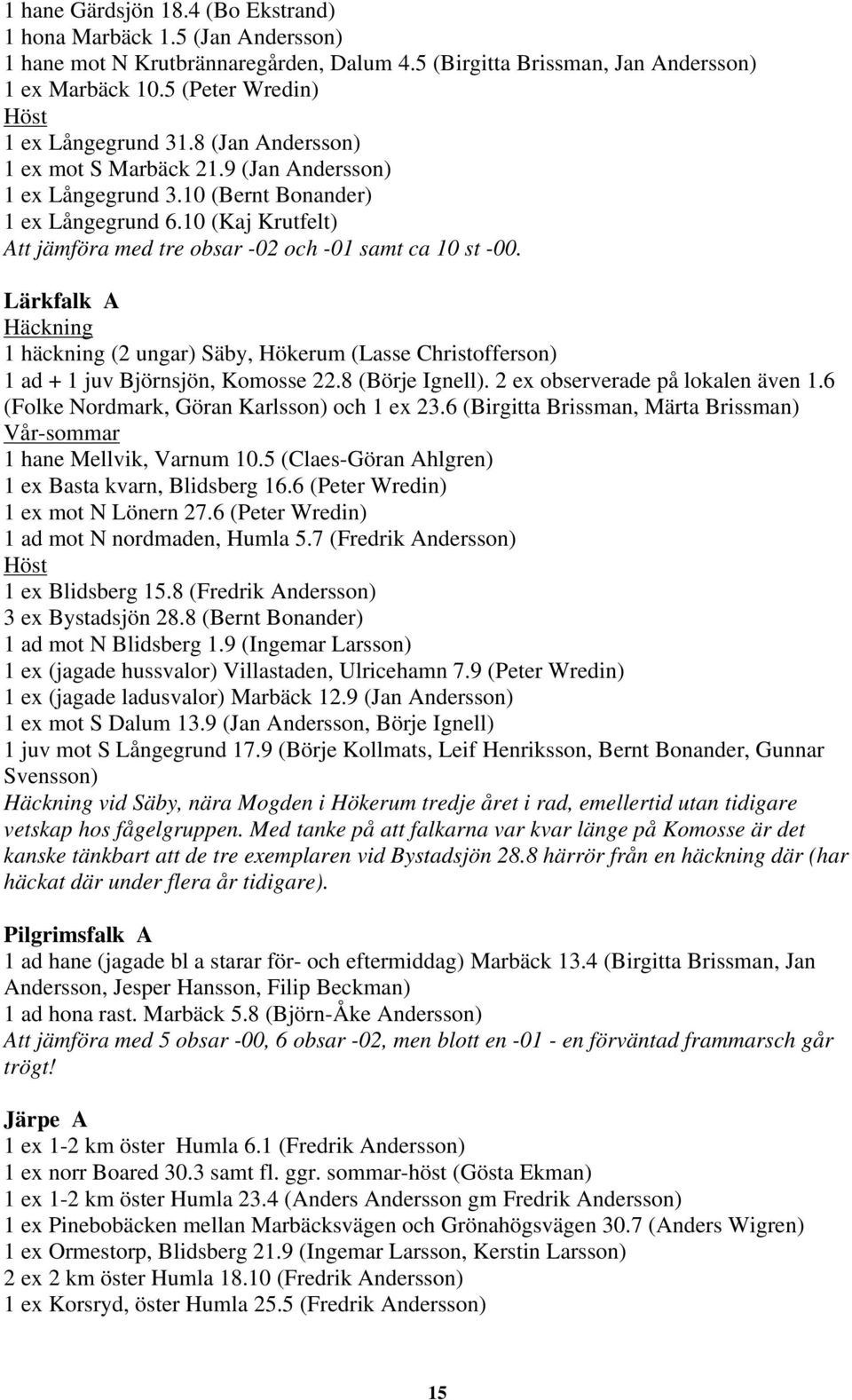 Lärkfalk A Häckning 1 häckning (2 ungar) Säby, Hökerum (Lasse Christofferson) 1 ad + 1 juv Björnsjön, Komosse 22.8 (Börje Ignell). 2 ex observerade på lokalen även 1.