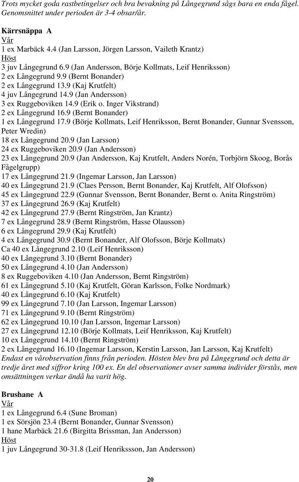 9 (Kaj Krutfelt) 4 juv Långegrund 14.9 (Jan Andersson) 3 ex Ruggeboviken 14.9 (Erik o. Inger Vikstrand) 2 ex Långegrund 16.9 (Bernt Bonander) 1 ex Långegrund 17.