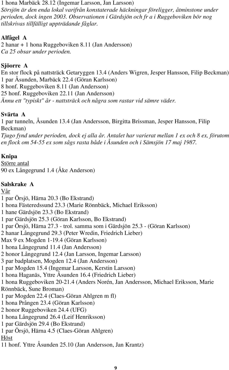 Sjöorre A En stor flock på nattsträck Getaryggen 13.4 (Anders Wigren, Jesper Hansson, Filip Beckman) 1 par Åsunden, Marbäck 22.4 (Göran Karlsson) 8 honf. Ruggeboviken 8.11 (Jan Andersson) 25 honf.