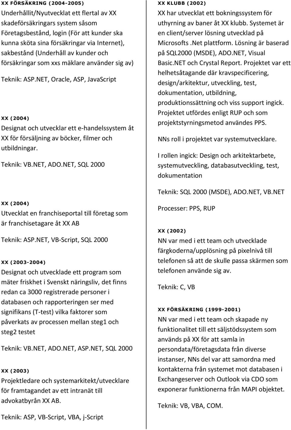 NET, Oracle, ASP, JavaScript XX (2004) Designat och utvecklar ett e-handelssystem åt XX för försäljning av böcker, filmer och utbildningar. Teknik: VB.NET, ADO.