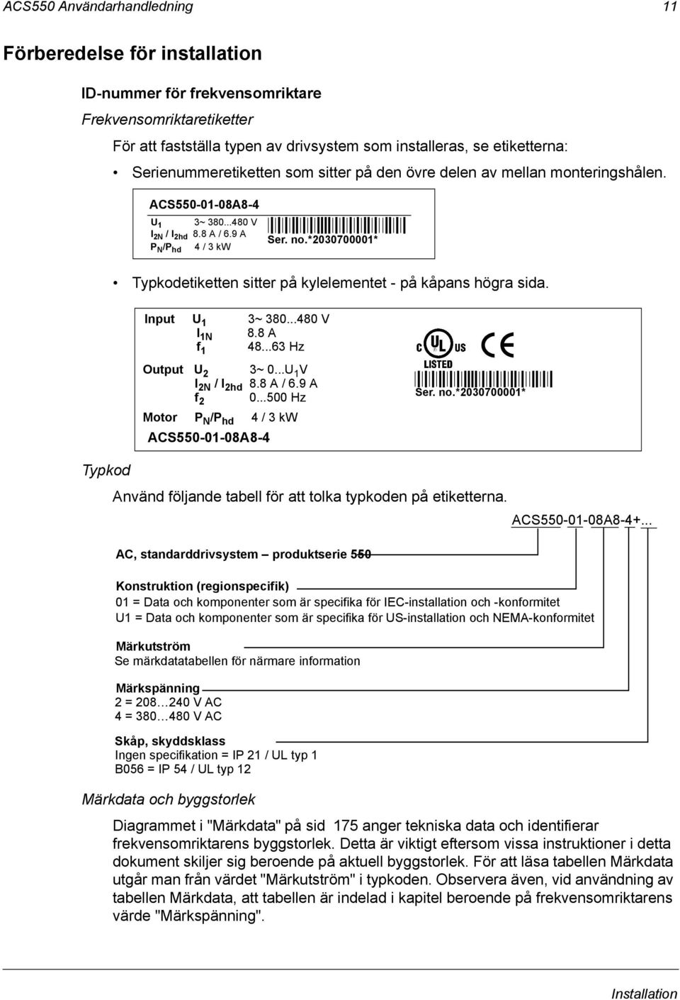 *2030700001* Typkodetiketten sitter på kylelementet - på kåpans högra sida. Input U 1 3~ 380...480 V I 1N 8.8 A f 1 48...63 Hz Output U 2 3~ 0...U 1 V I 2N / I 2hd 8.8 A / 6.9 A f 2 0.