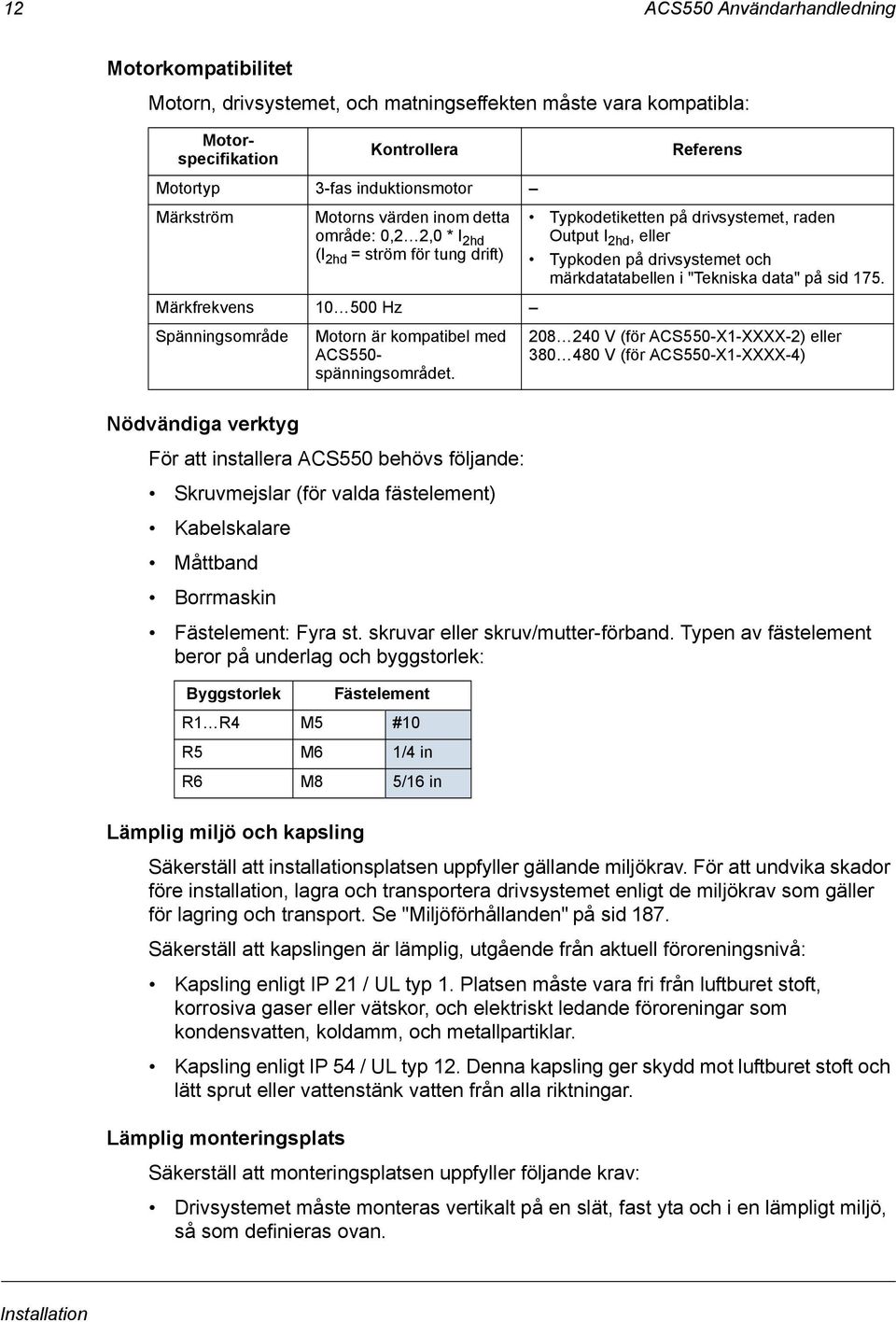 data" på sid 175. Märkfrekvens 10 500 Hz Spänningsområde Motorn är kompatibel med ACS550- spänningsområdet.