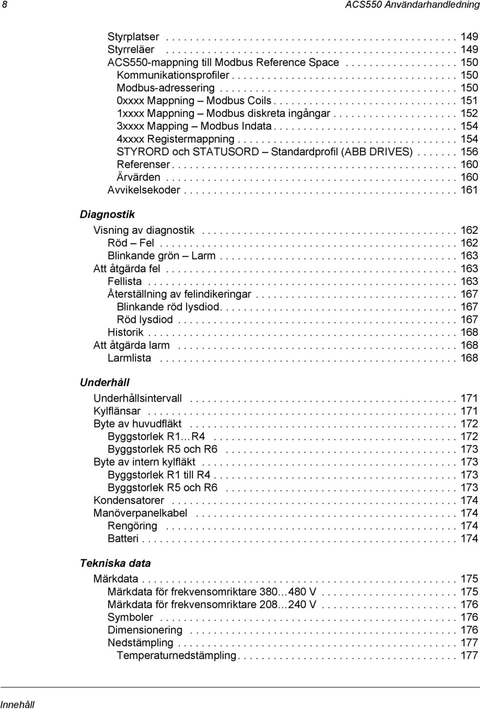 .............................. 151 1xxxx Mappning Modbus diskreta ingångar..................... 152 3xxxx Mapping Modbus Indata............................... 154 4xxxx Registermappning.