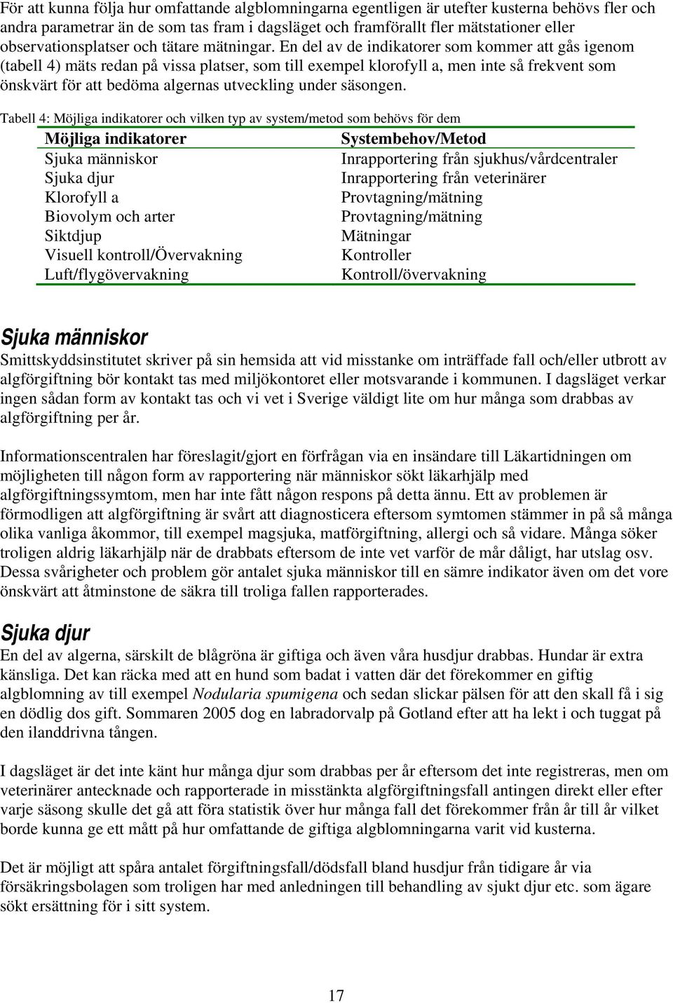 En del av de indikatorer som kommer att gås igenom (tabell 4) mäts redan på vissa platser, som till exempel klorofyll a, men inte så frekvent som önskvärt för att bedöma algernas utveckling under