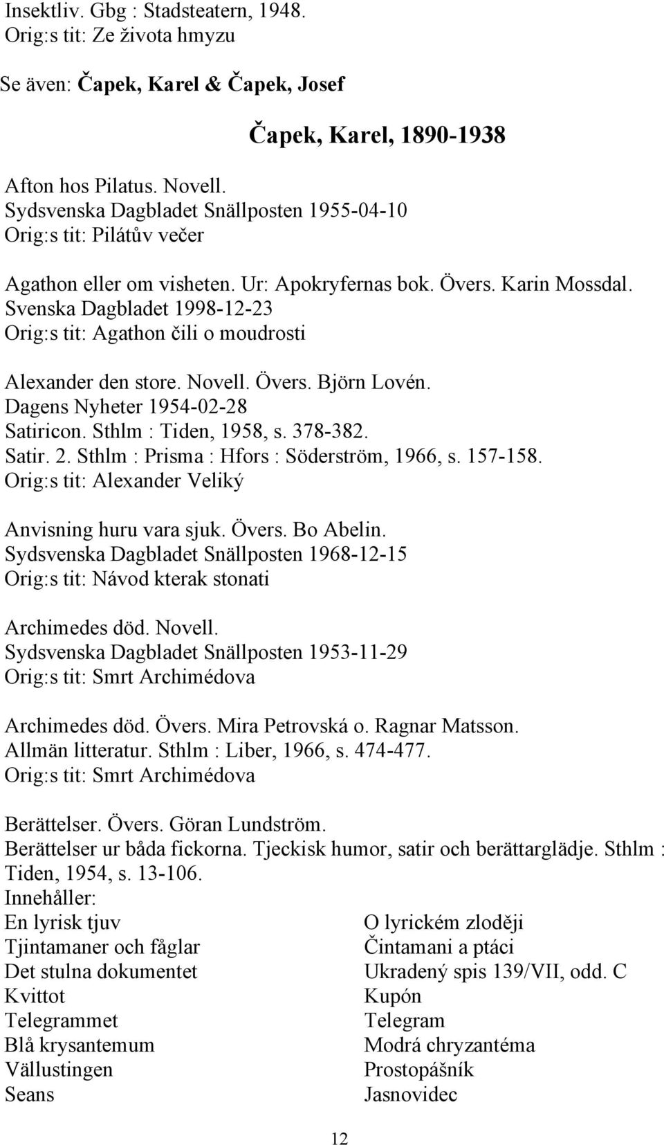 Svenska Dagbladet 1998-12-23 Orig:s tit: Agathon čili o moudrosti Alexander den store. Novell. Övers. Björn Lovén. Dagens Nyheter 1954-02-28 Satiricon. Sthlm : Tiden, 1958, s. 378-382. Satir. 2.