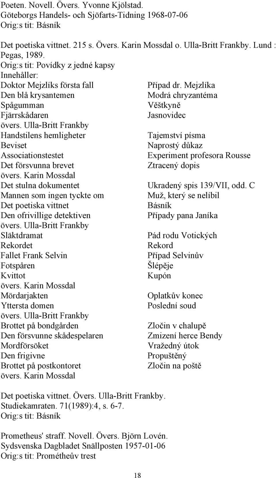 Ulla-Britt Frankby Handstilens hemligheter Tajemství písma Beviset Naprostý důkaz Associationstestet Experiment profesora Rousse Det försvunna brevet Ztracený dopis övers.