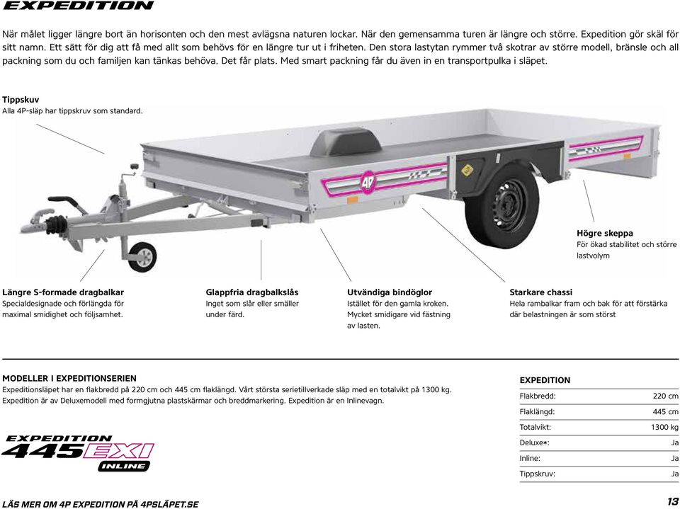 Det får plats. Med smart packning får du även in en transportpulka i släpet. Tippskuv Alla 4P-släp har tippskruv som standard.