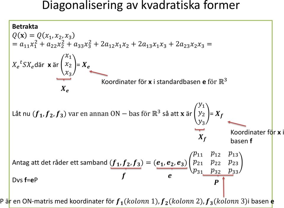 x är y y 2 y 3 X f = X f Koordinater för x i basen f Antag att det råder ett samband (f, f 2, f 3 ) = (e, e 2, e 3 ) f e Dvs