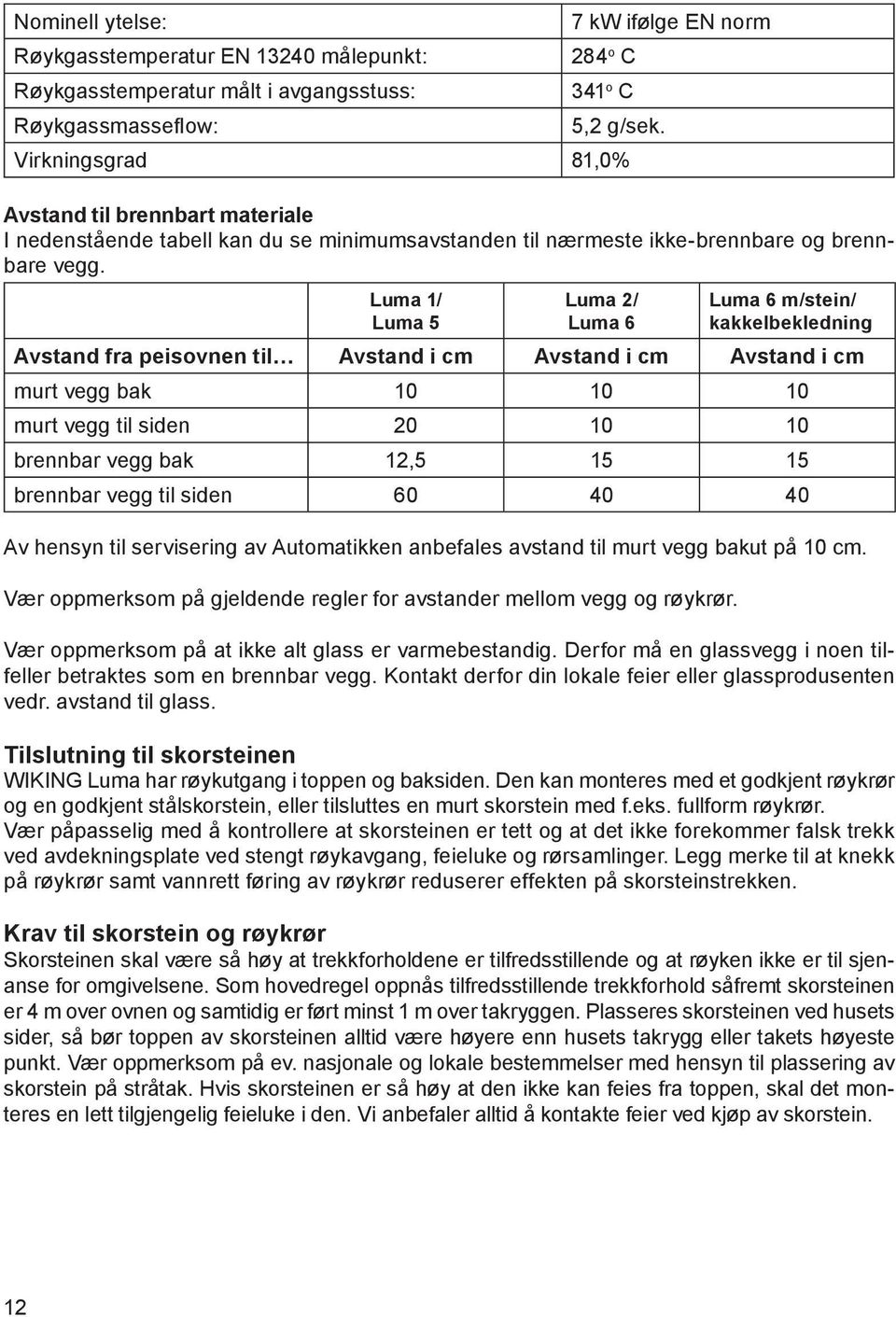 Luma 1/ Luma 5 Luma 2/ Luma 6 Luma 6 m/stein/ kakkelbekledning Avstand fra peisovnen til Avstand i cm Avstand i cm Avstand i cm murt vegg bak 10 10 10 murt vegg til siden 20 10 10 brennbar vegg bak