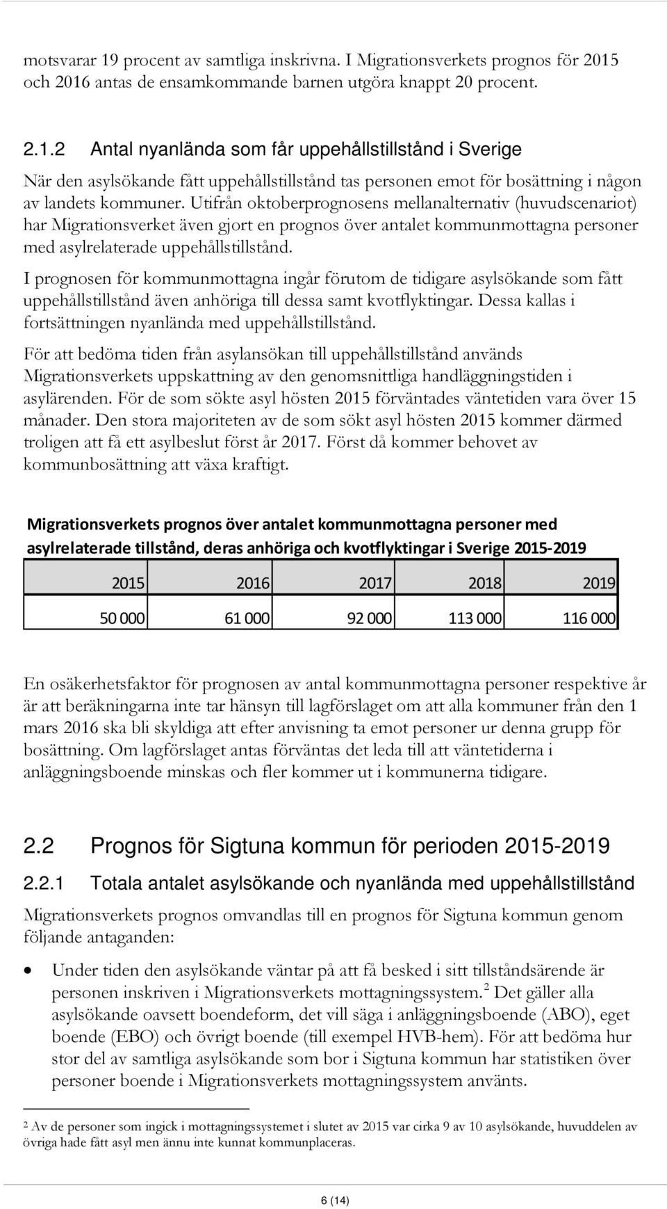 I prognosen för kommunmottagna ingår förutom de tidigare asylsökande som fått uppehållstillstånd även anhöriga till dessa samt kvotflyktingar.