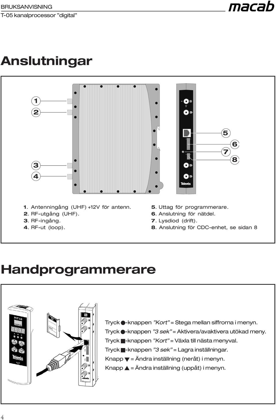 Anslutning för CDC-enhet, se sidan 8 Handprogrammerare Tryck -knappen Kort = Stega mellan siffrorna i menyn.