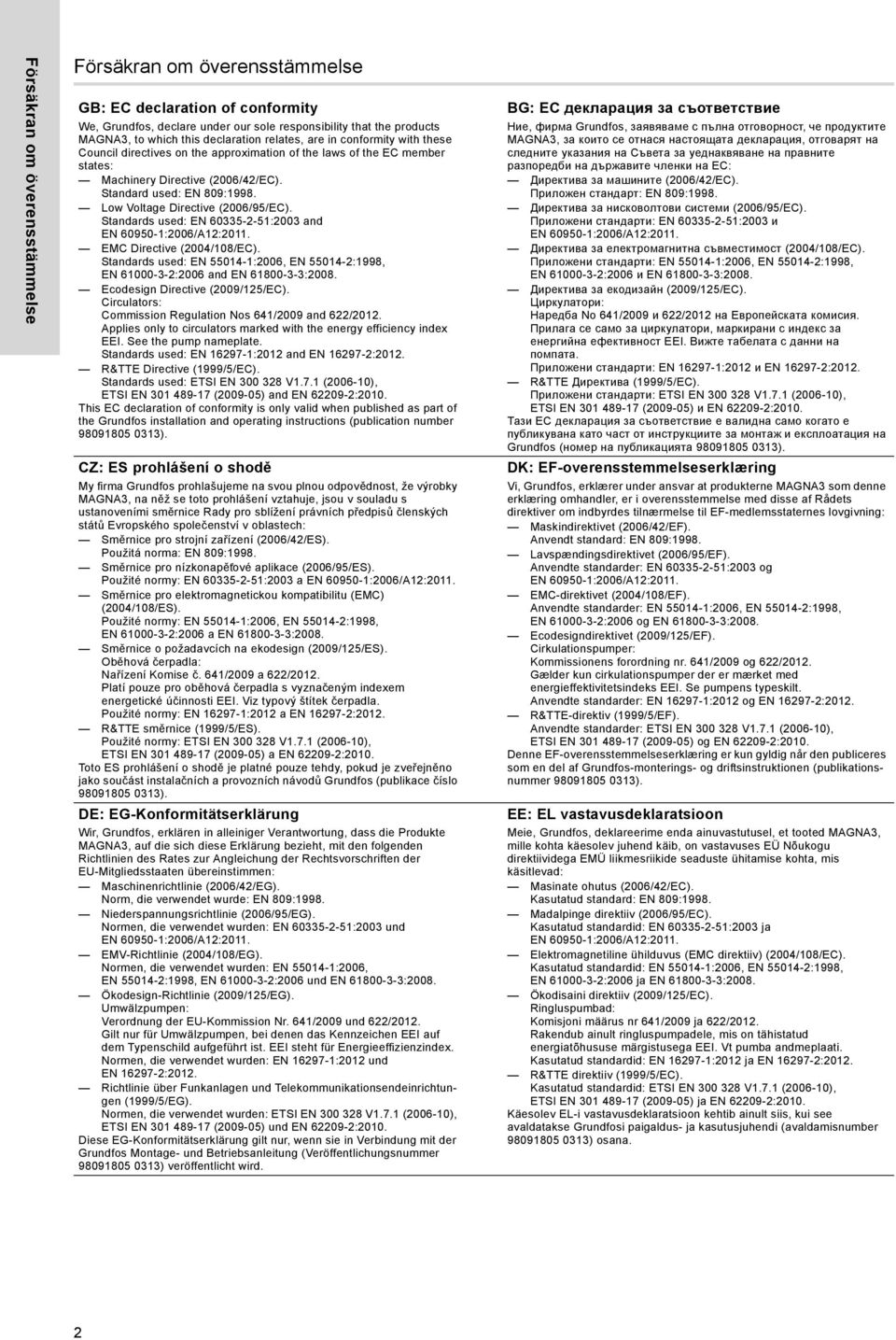 Low Voltage Directive (2006/95/EC). Standards used: EN 60335-2-51:2003 and EN 60950-1:2006/A12:2011. EMC Directive (2004/108/EC).