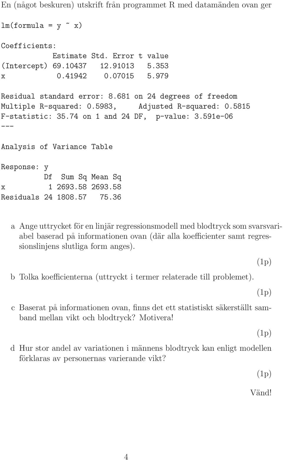 59e-06 --- Analyss of Varance Table Response: y Df Sum Sq Mean Sq x 2693.58 2693.58 Resduals 24 808.57 75.