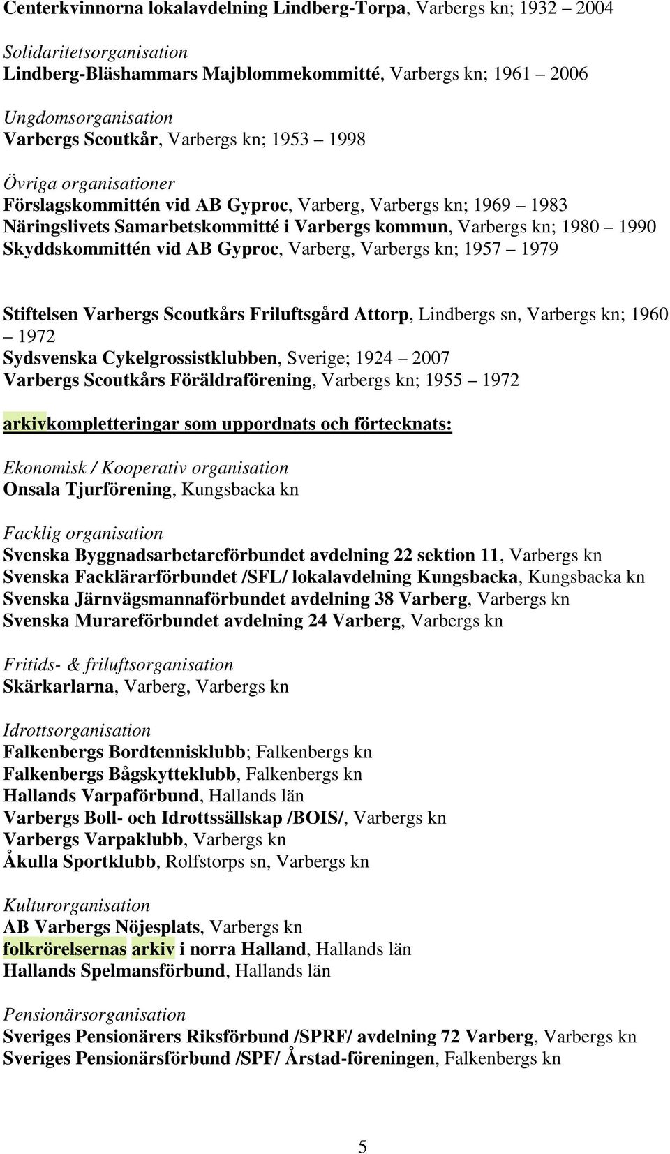 vid AB Gyproc, Varberg, Varbergs kn; 1957 1979 Stiftelsen Varbergs Scoutkårs Friluftsgård Attorp, Lindbergs sn, Varbergs kn; 1960 1972 Sydsvenska Cykelgrossistklubben, Sverige; 1924 2007 Varbergs